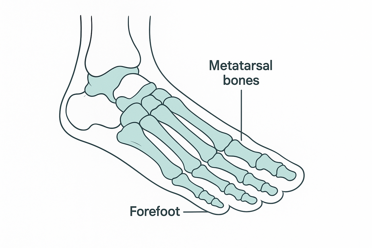Anatomical diagram highlighting the metatarsal bones where forefoot pain originates