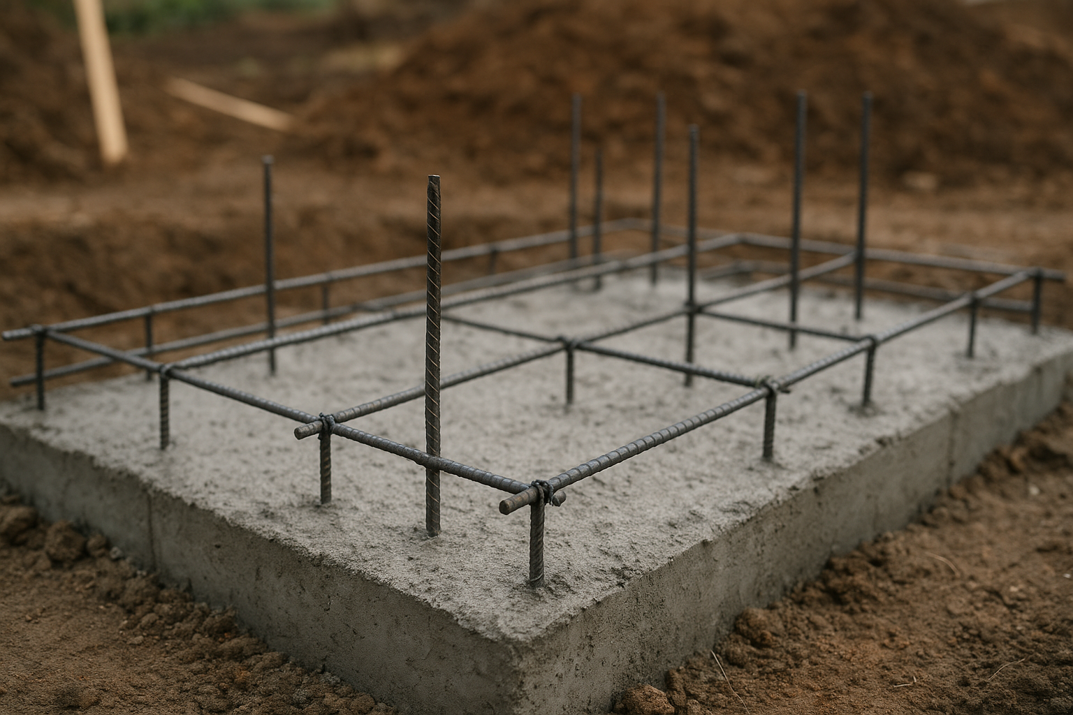 Reinforced concrete foundation with rebar being built for a backyard ADU in California