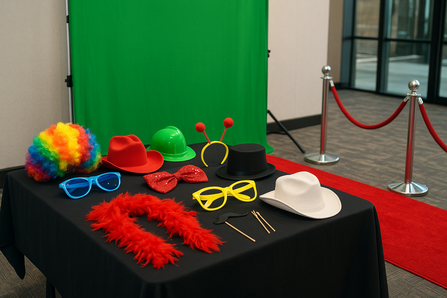 Green-screen backdrop and prop table add-ons set up for a business event