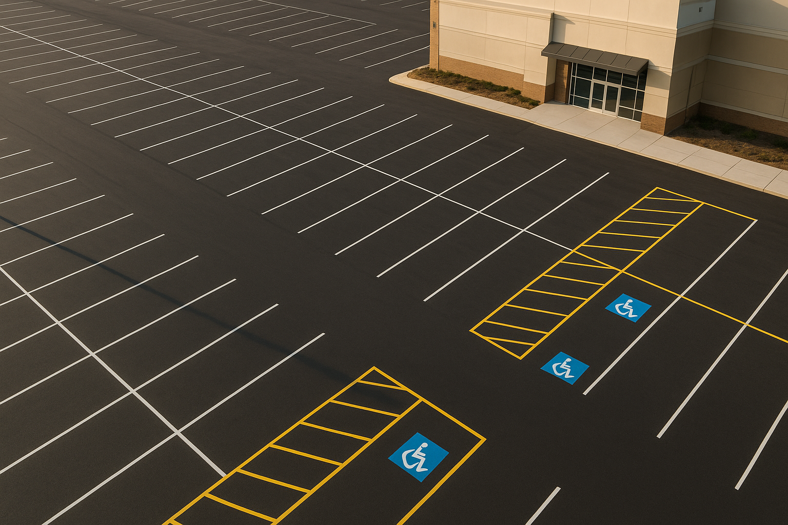 Freshly painted commercial lot showing property manager parking lot striping services in action