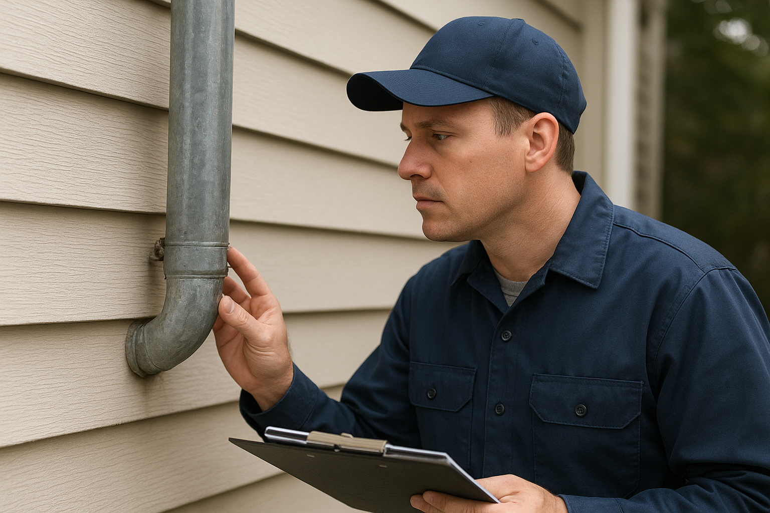 Home inspector performing a downspout inspection on a residential gutter system