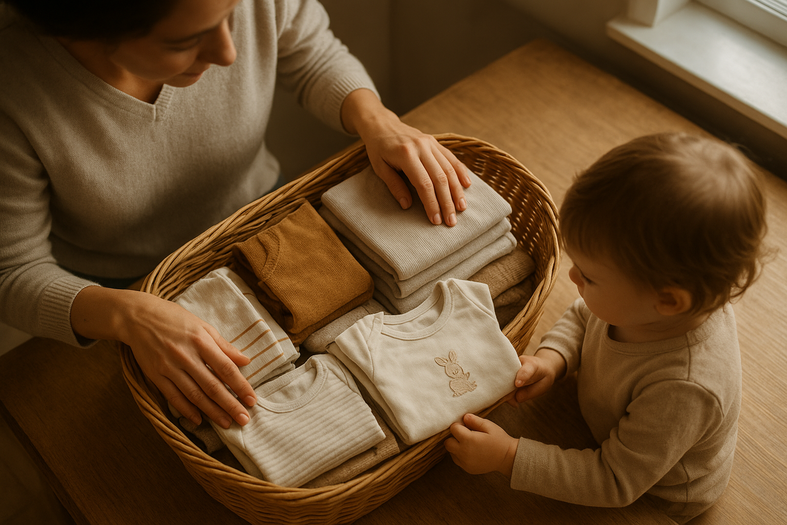 Parent and child sorting through a children's fashion rental service clothing bundle