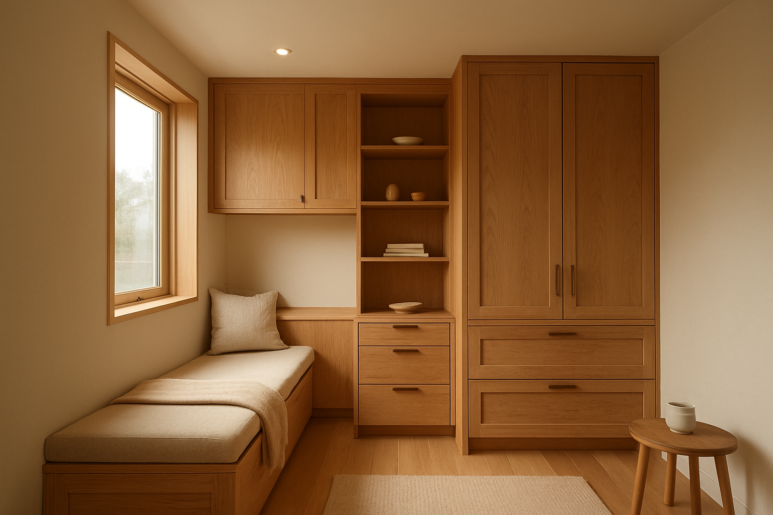Custom built-in cabinetry designed by an ADU interior millwork contractor in a Southern California accessory dwelling unit