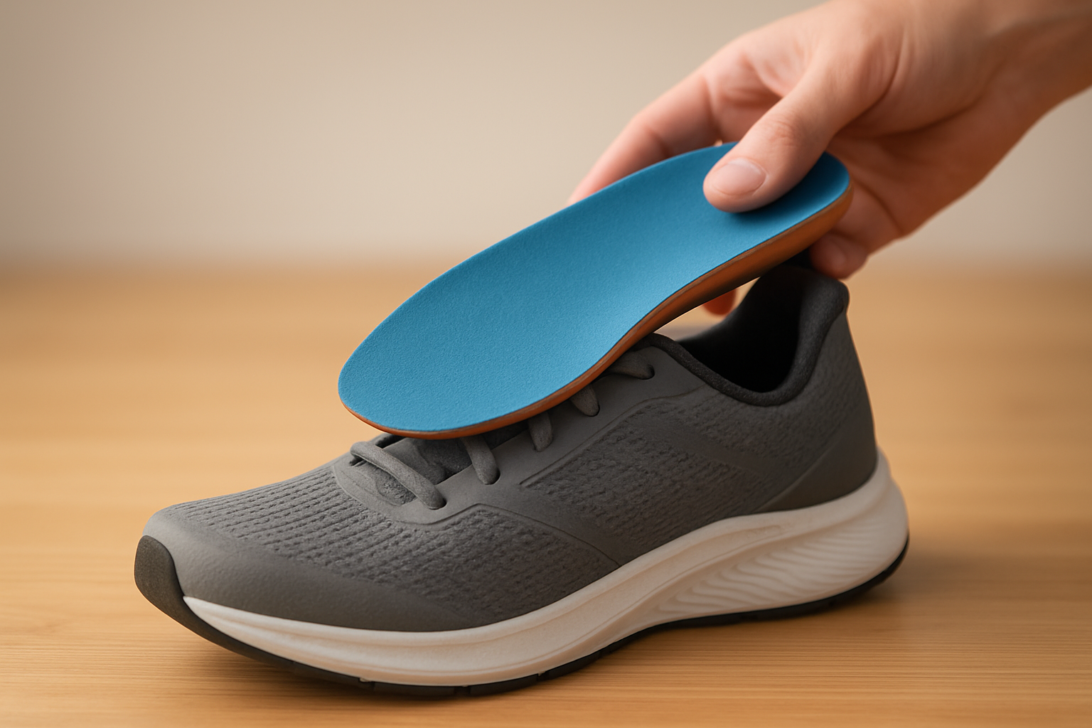 Close-up of a custom orthotic insole fitted inside an athletic running shoe