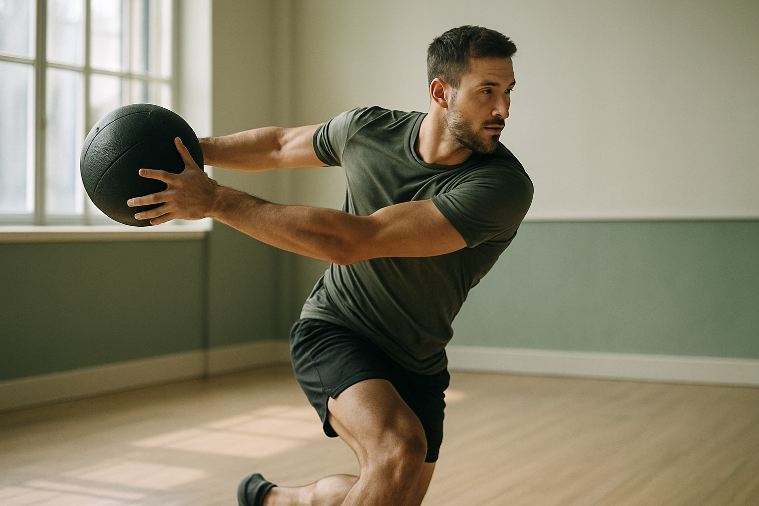 Athlete practicing rotational power exercise used in golf-specific fitness training