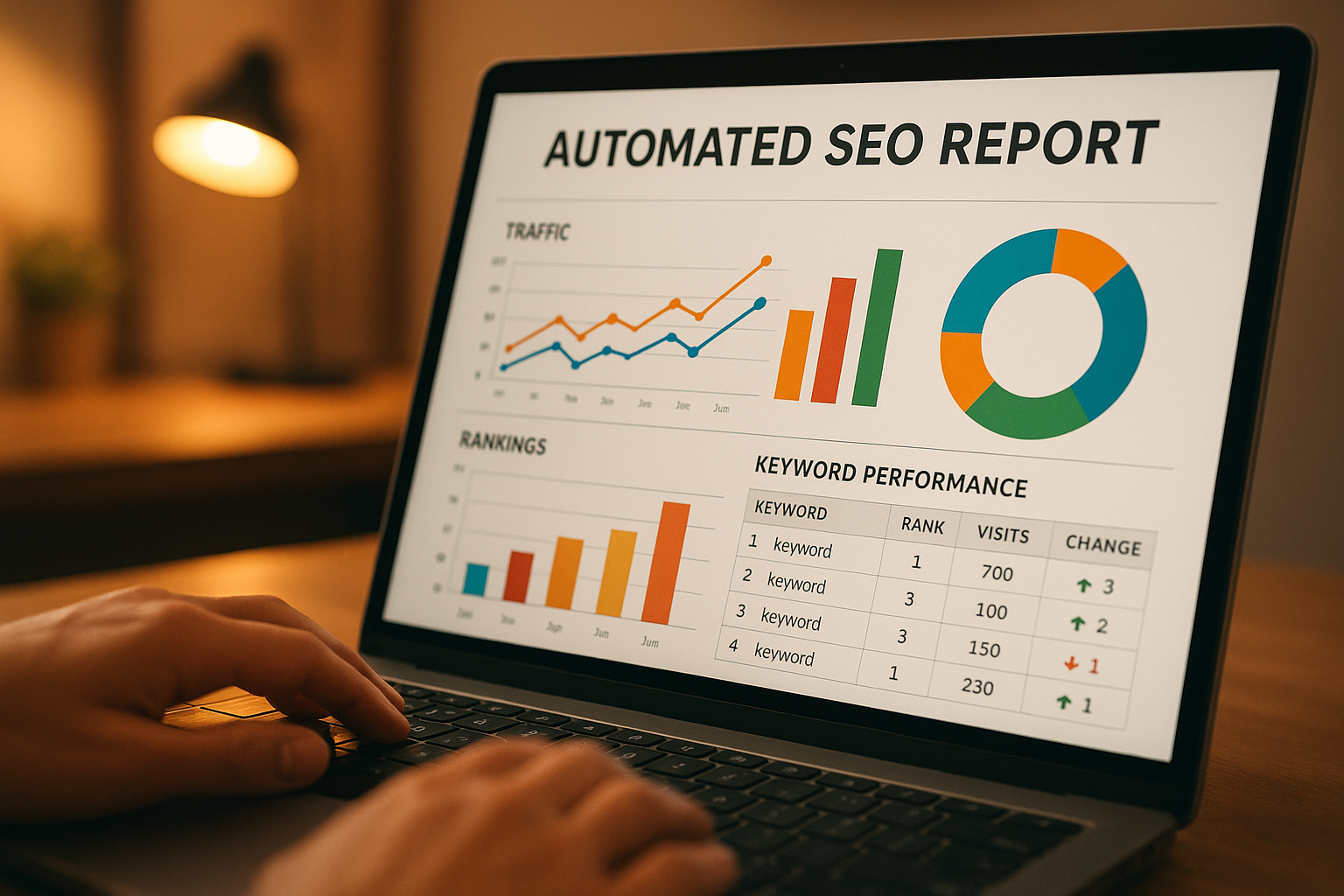 Marketer reviewing an automated AI search report on a laptop screen