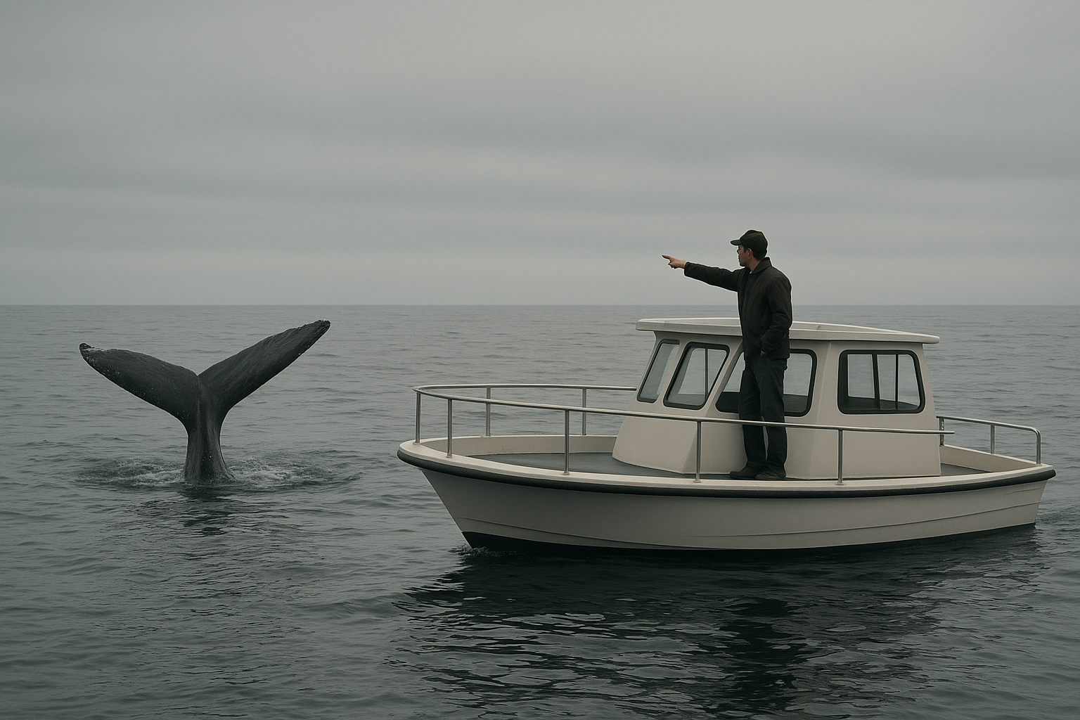 Naturalist guiding a whale watching photography tour aboard a low-profile boat off San Diego