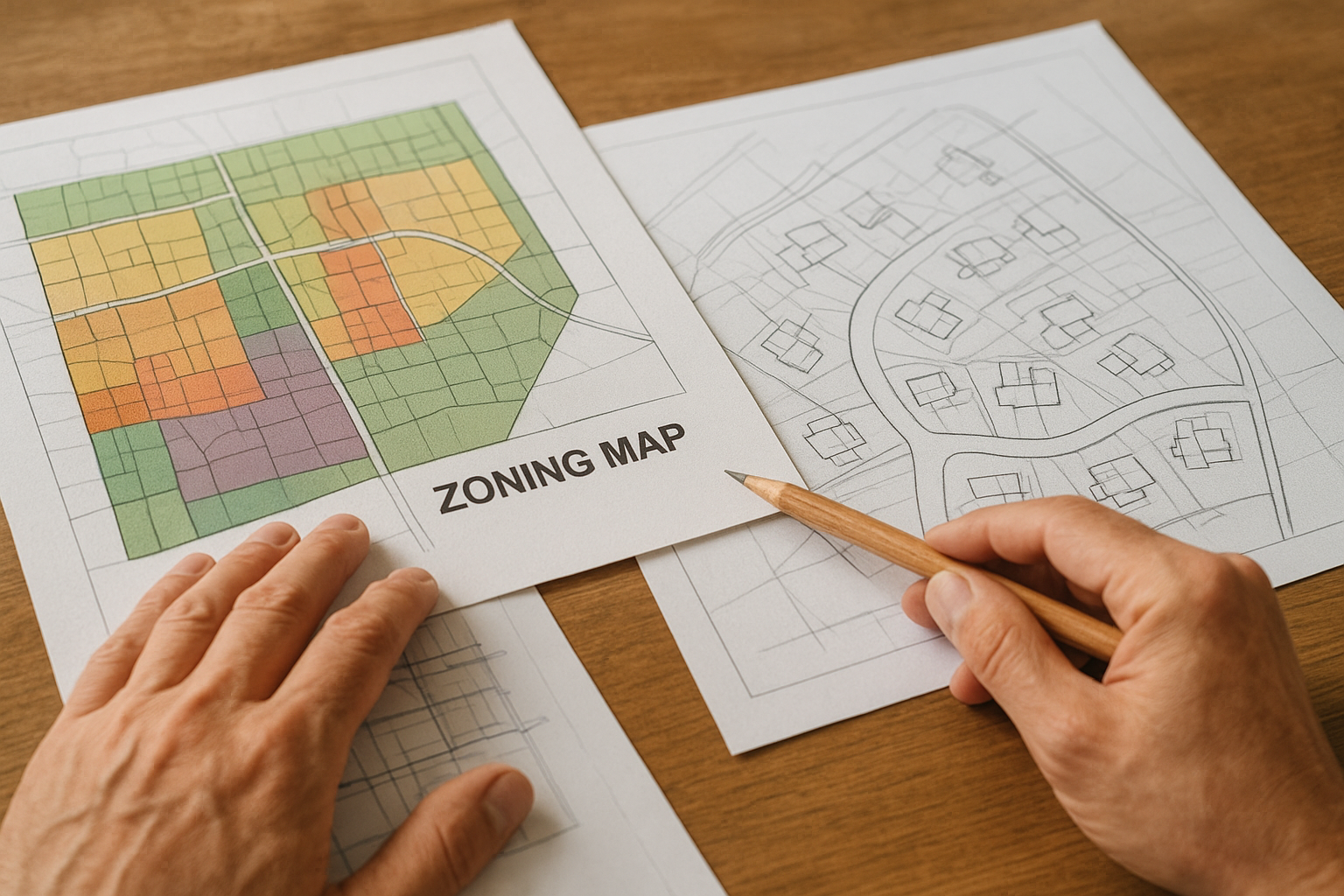 Contractor reviewing a zoning map and site plan documents for a Riverside ADU project