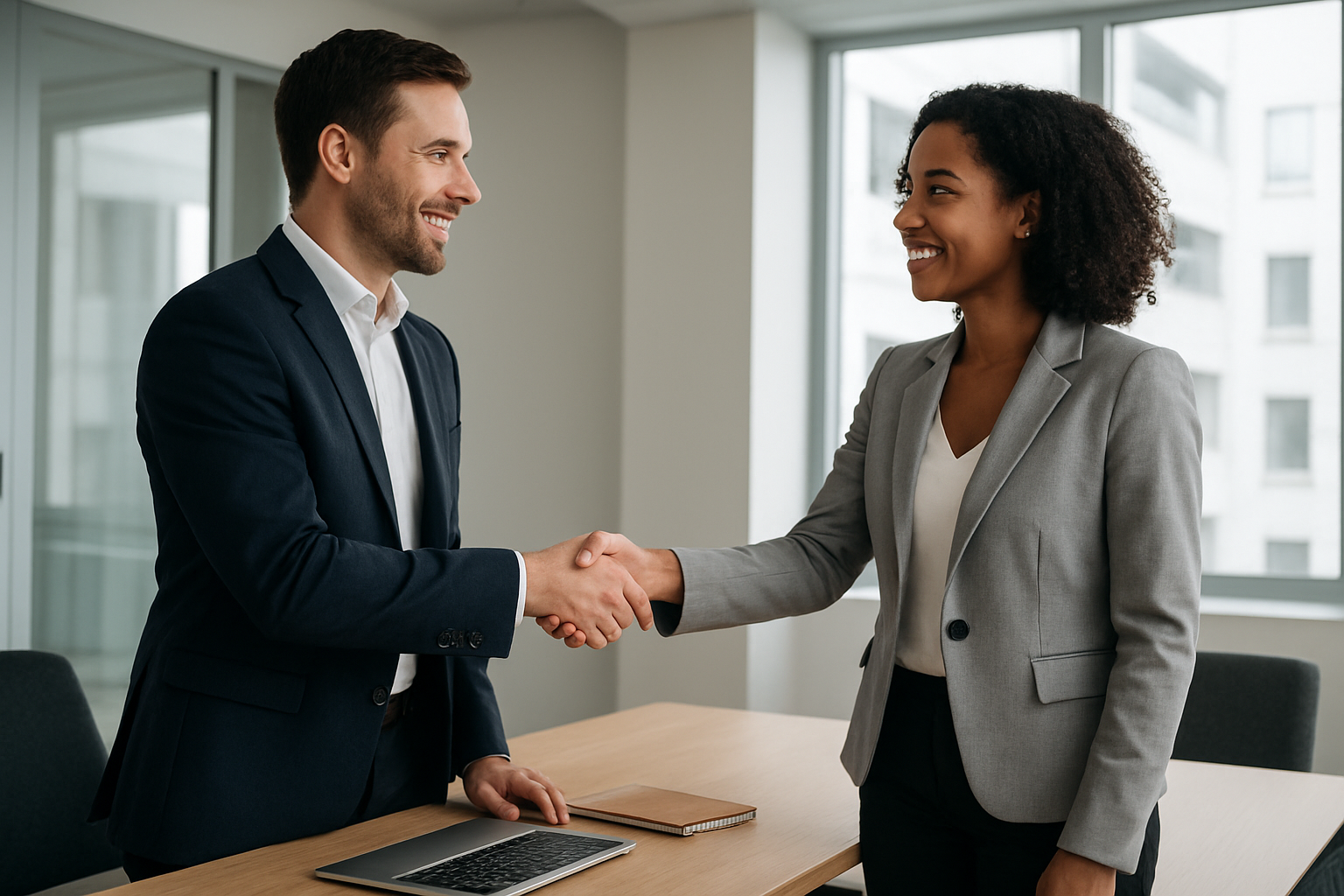Business leader shaking hands with an HR consulting partner after signing an agreement