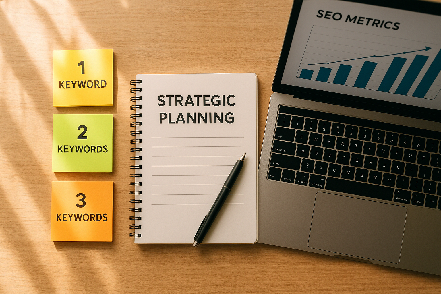 SEO keyword strategy planning using difficulty score tiers on a desk workspace