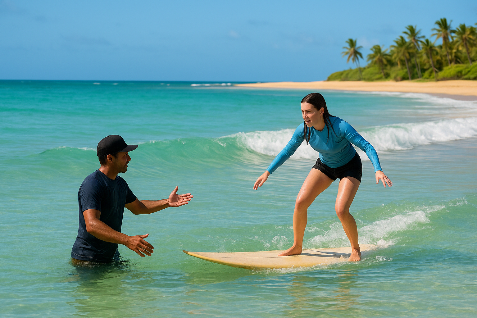 Surf instructor guiding a first-time rider toward shore, reflecting positive beginner surf lesson reviews Waikiki travelers often share