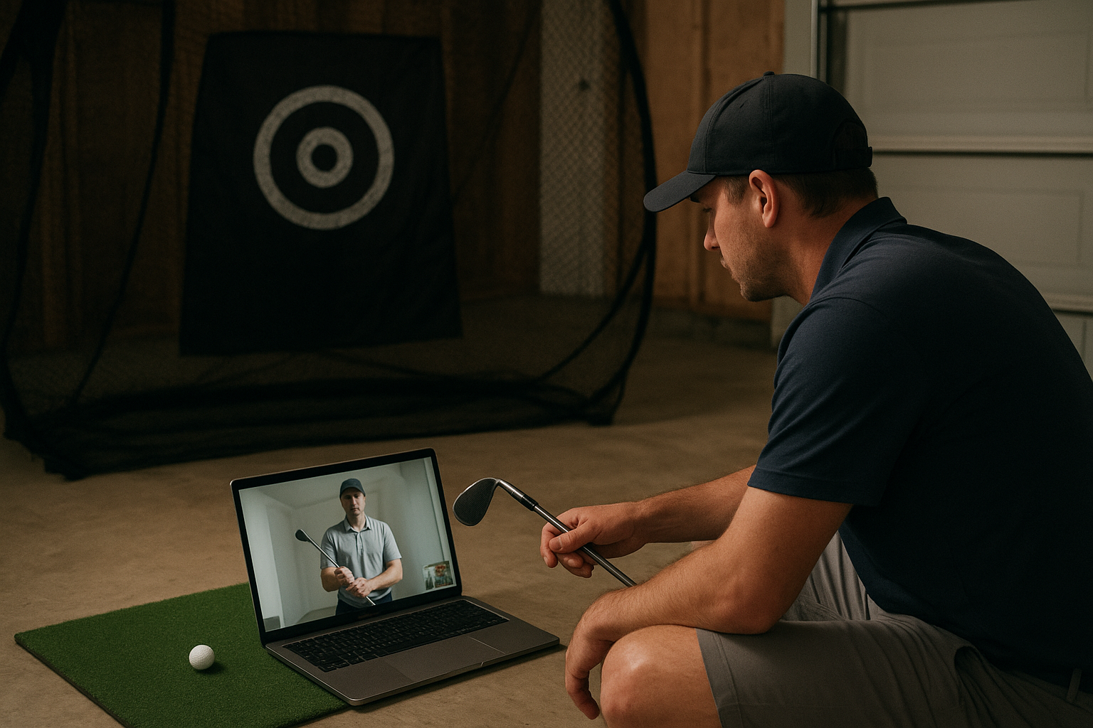 Golfer receiving remote coaching feedback during an online training session