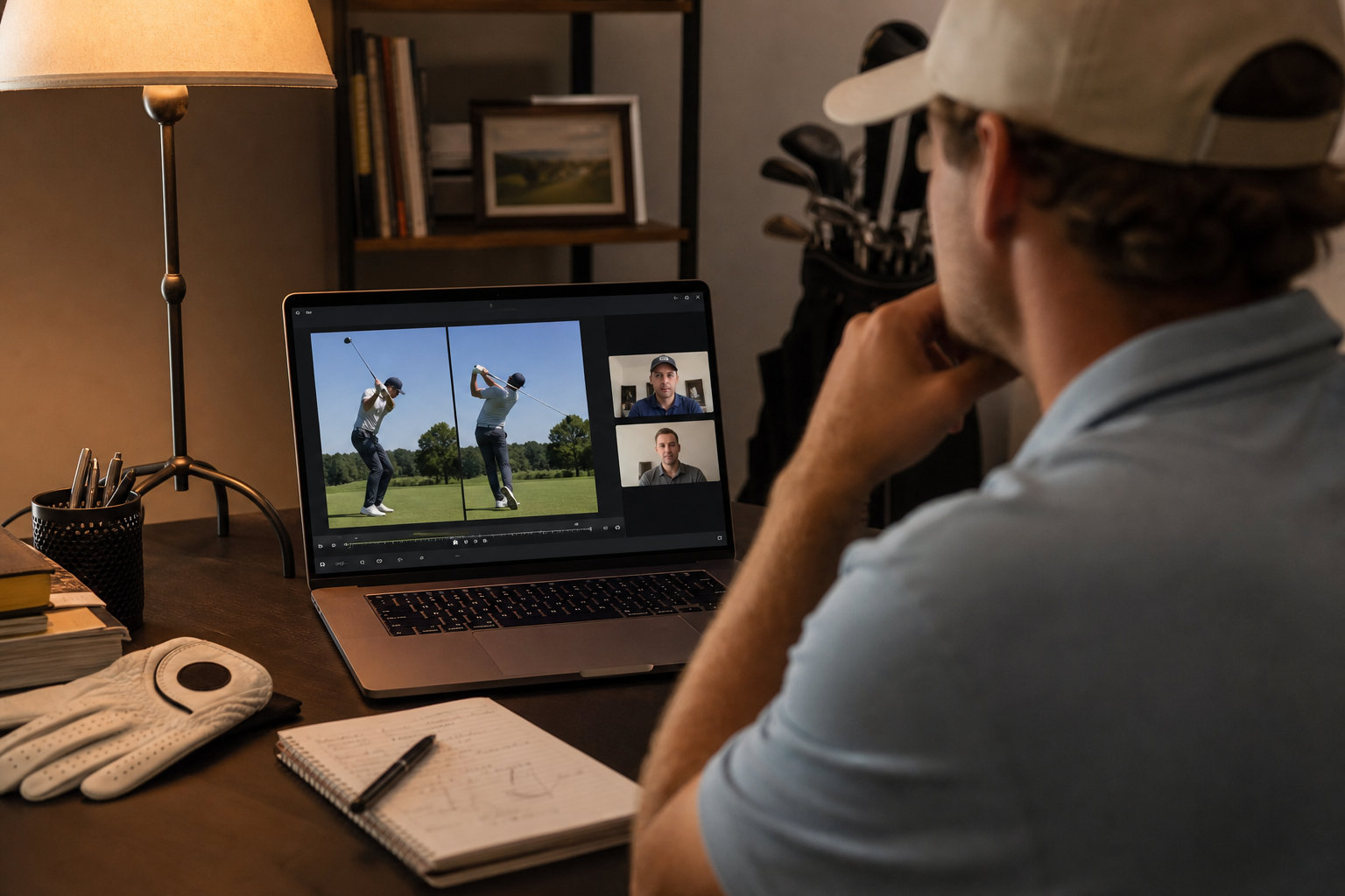 Golfer reviewing swing footage on a laptop during a remote coaching video call