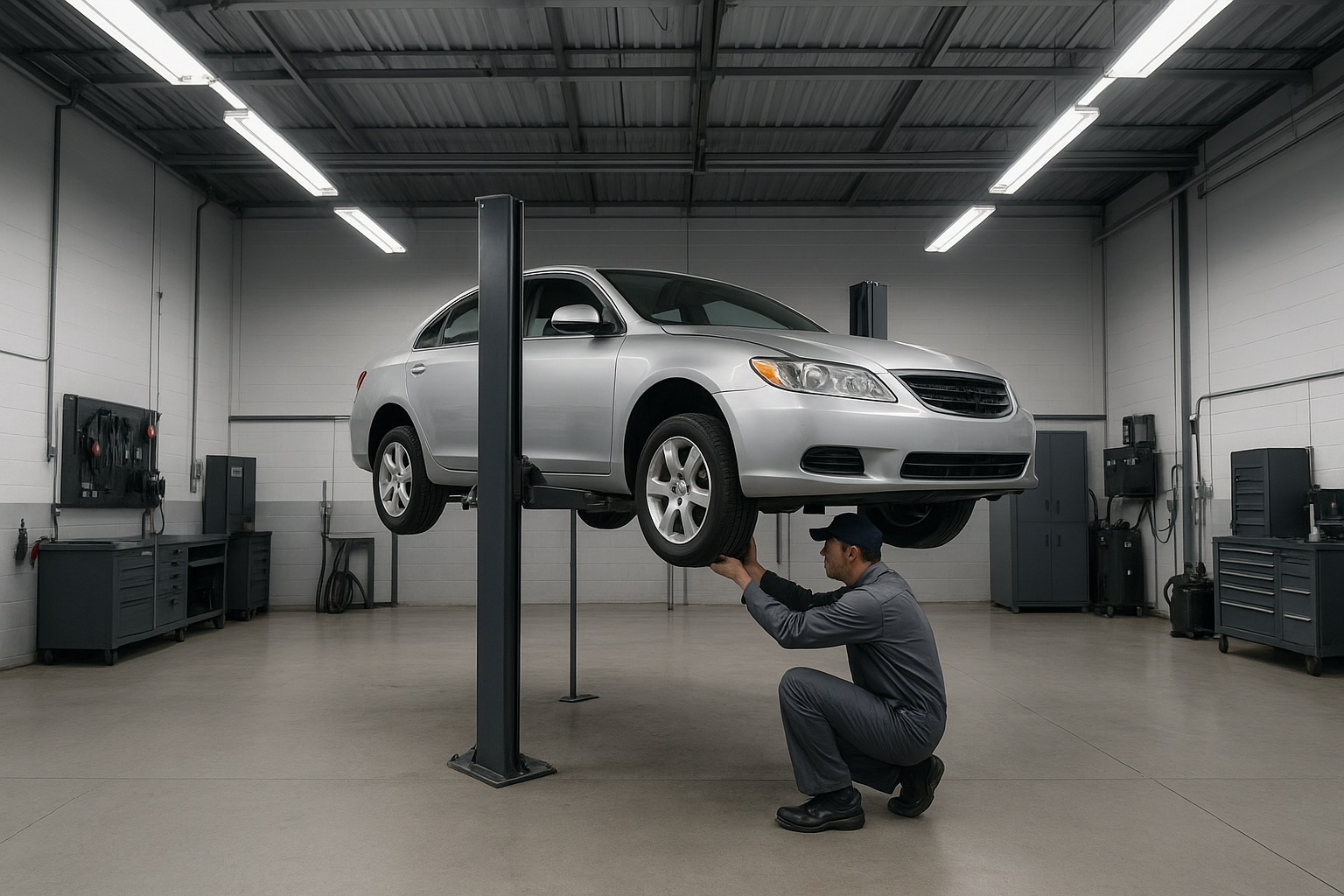 Technician inspecting a vehicle during Brea local auto collision repair in a modern garage bay