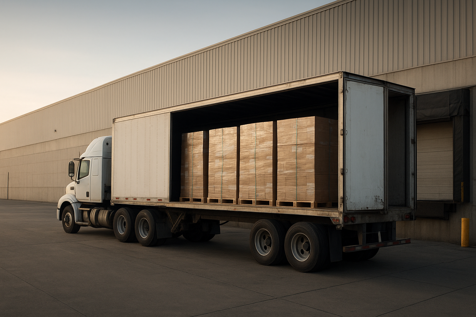 Secured freight pallets loaded onto a trailer at a distribution dock
