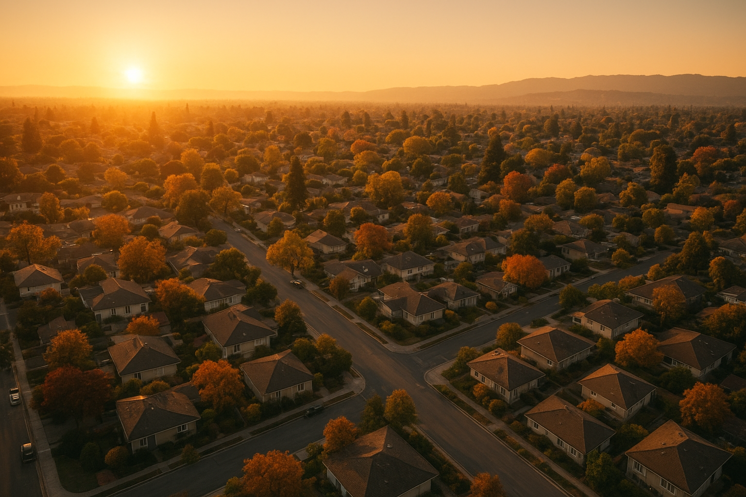 Aerial view of Bay Area suburban neighborhood rooftops at sunset representing local home inspection coverage