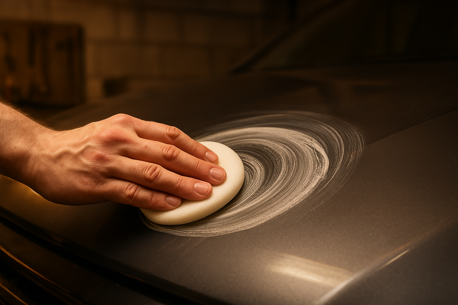 Hand applying buffing compound to remove a surface car scratch