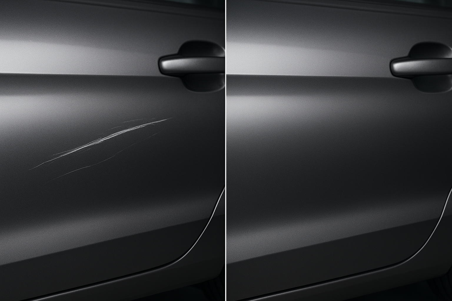 Before and after comparison showing paint scratch repair results on a car panel