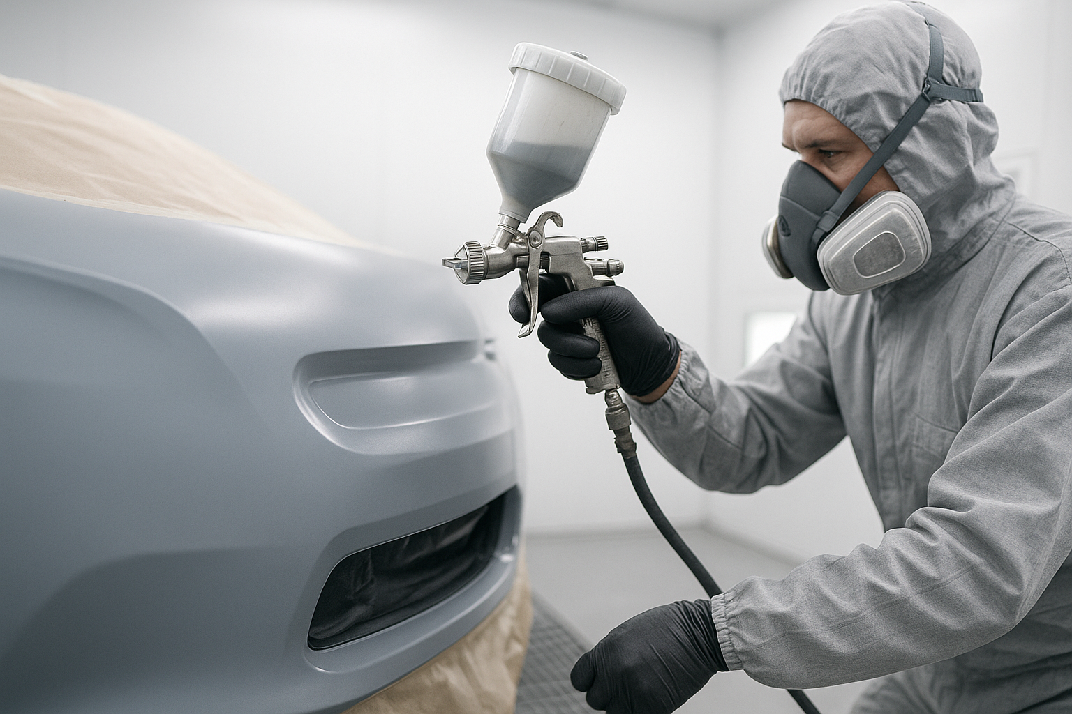 Technician applying precision paint matching during bumper repair at a Brea collision shop