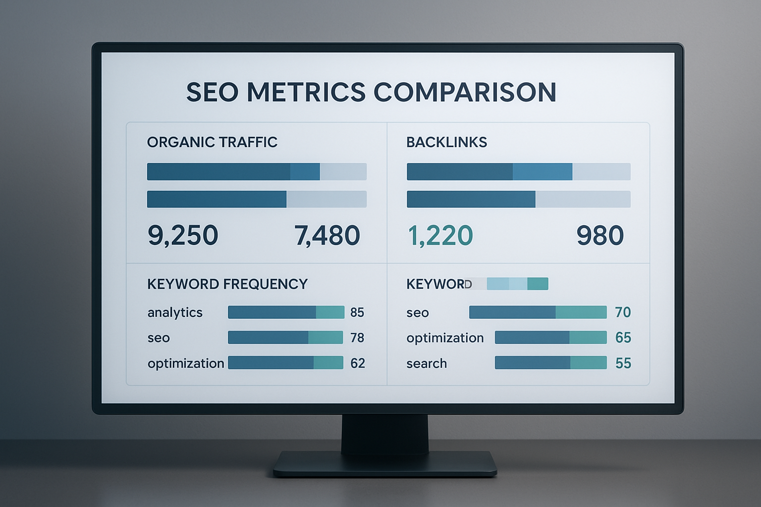 Page-level SEO comparison service dashboard showing side-by-side on-page metrics