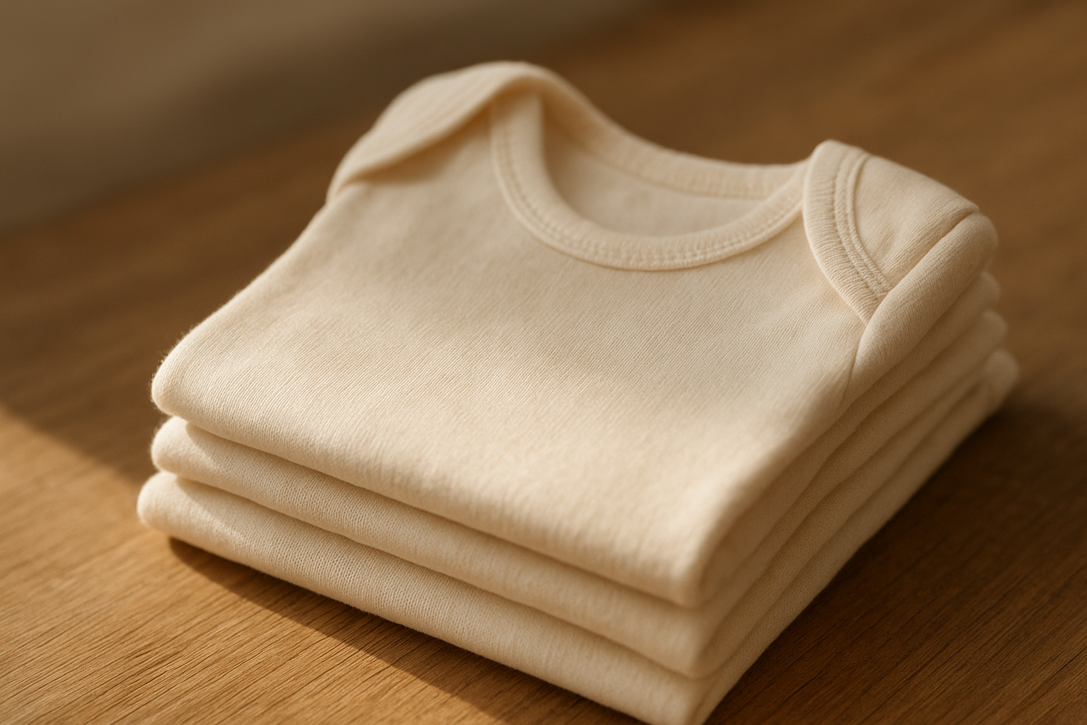 Soft organic baby clothes made from certified organic cotton folded on a wooden surface