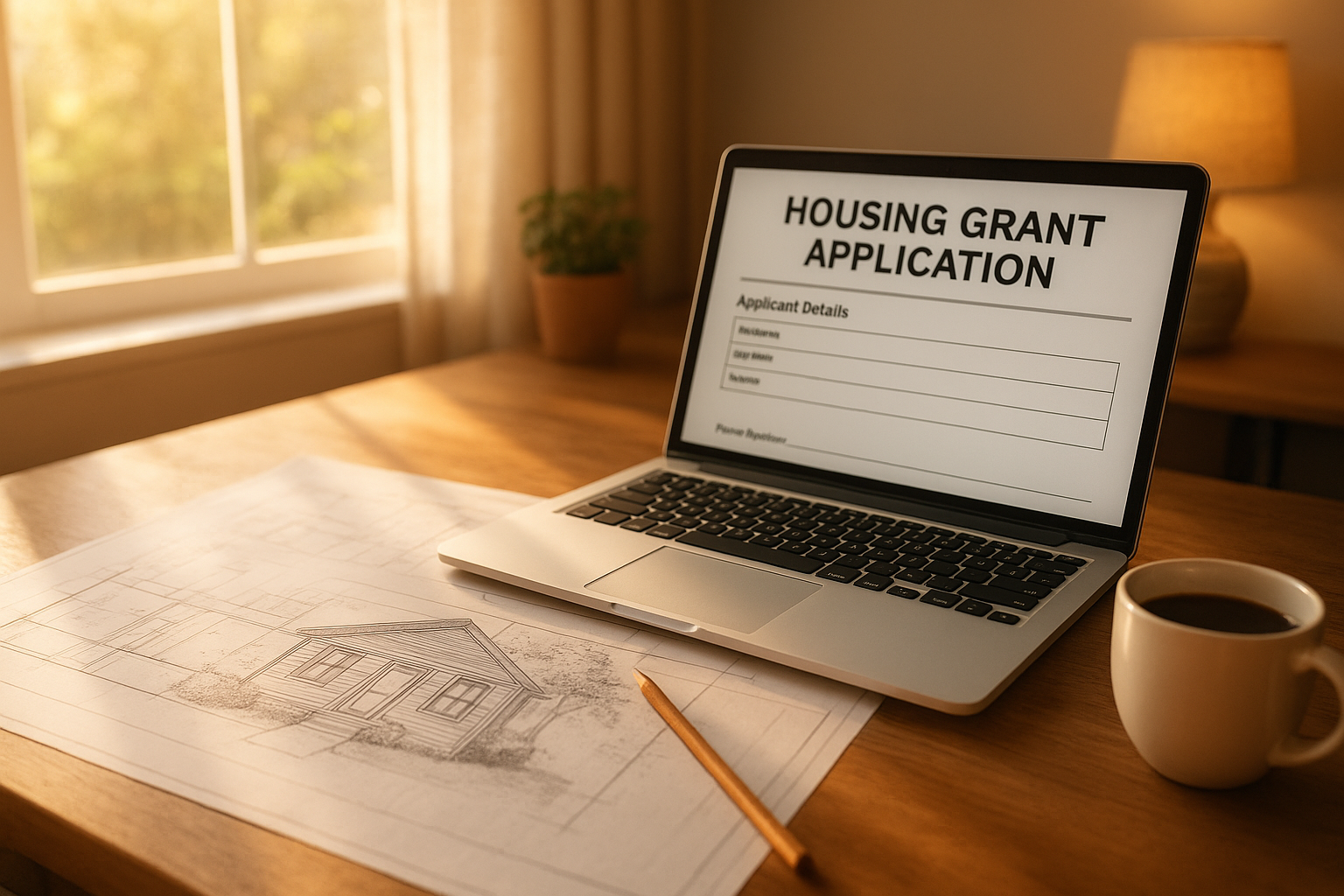 Homeowner reviewing adu grants application paperwork and blueprints at a desk