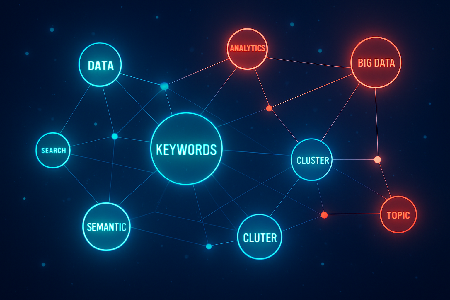Abstract visualization of AI-powered keyword research semantic clusters and topic connections