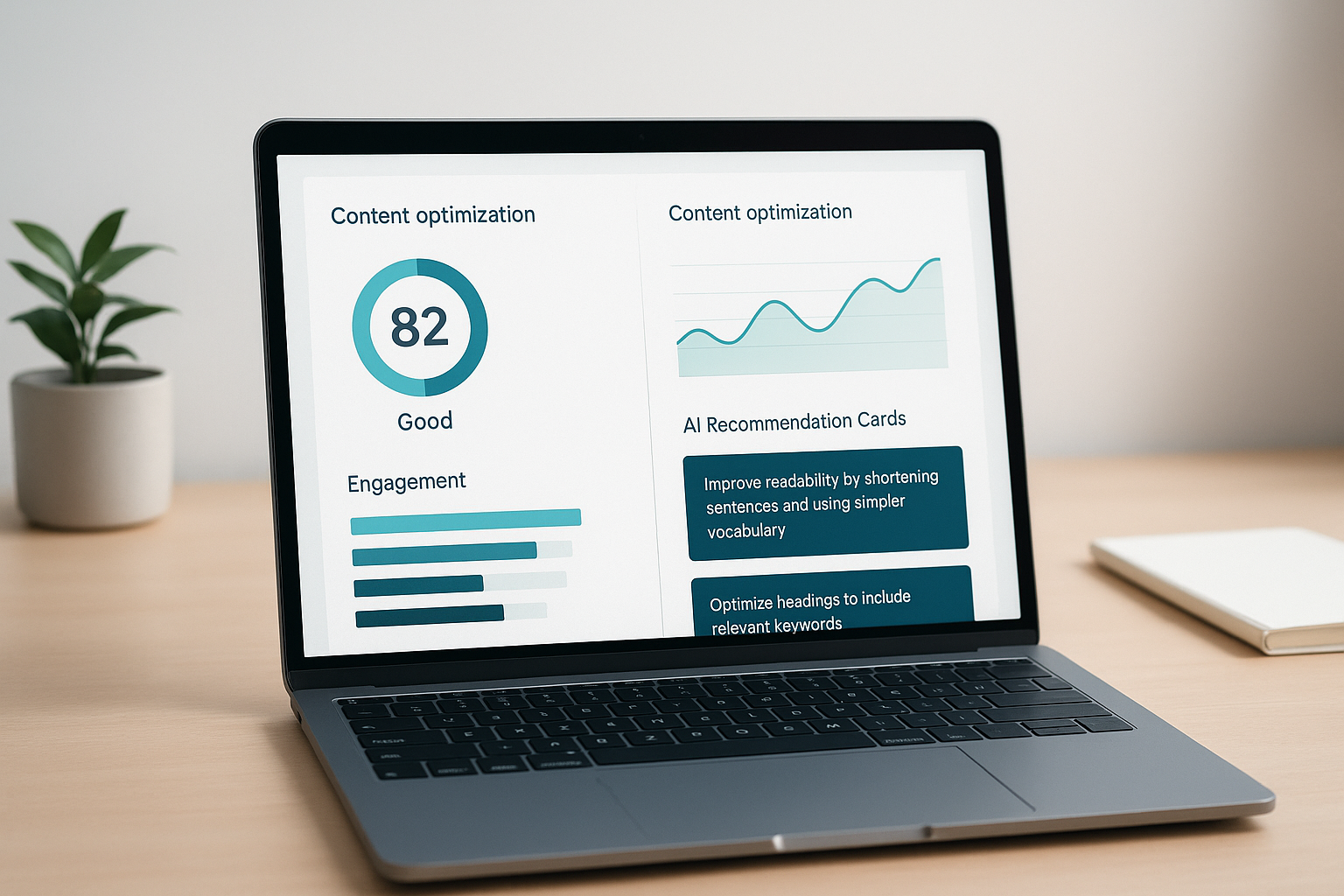 Dashboard displaying automated content improvement scores and AI recommendations