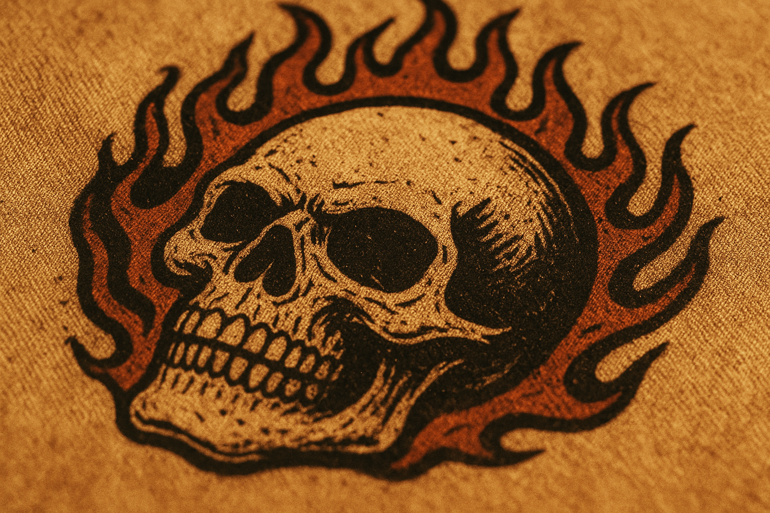 Close-up of durable screen-printed fabric used for rat rod clothing