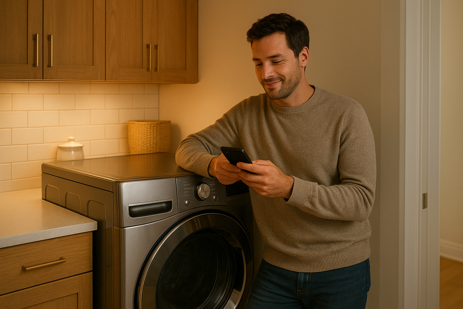 Homeowner searching for local dryer repair services on a smartphone near a stainless steel dryer
