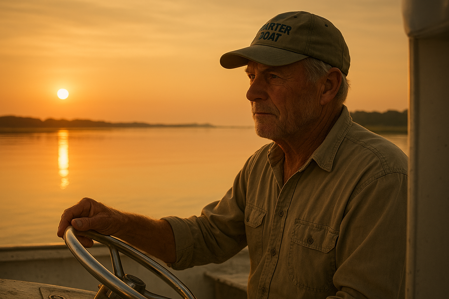 Charter boat captain steering a private fishing boat at sunrise along the North Myrtle Beach coastline