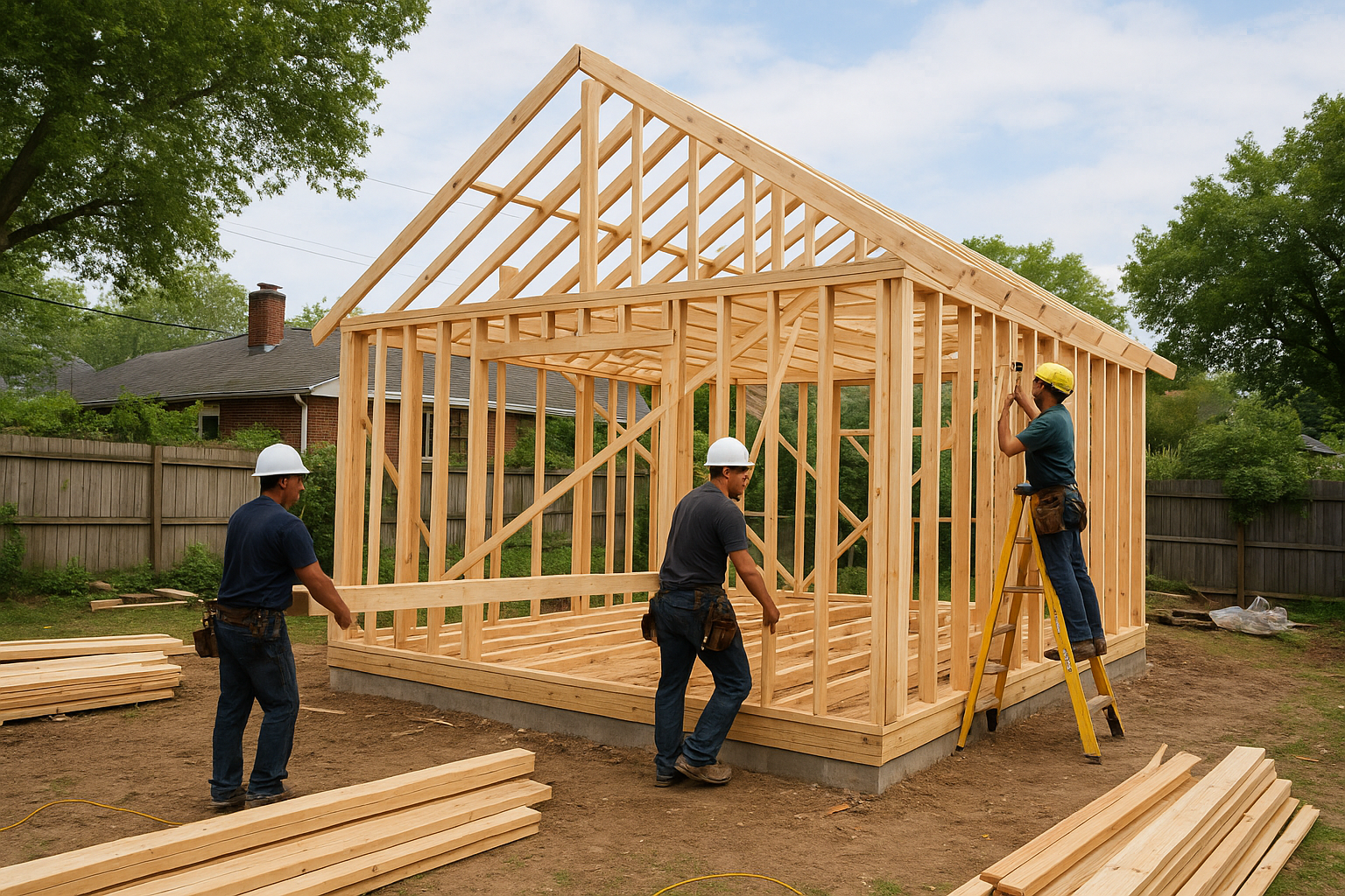 Construction crew framing a detached dwelling unit in a Southern California backyard