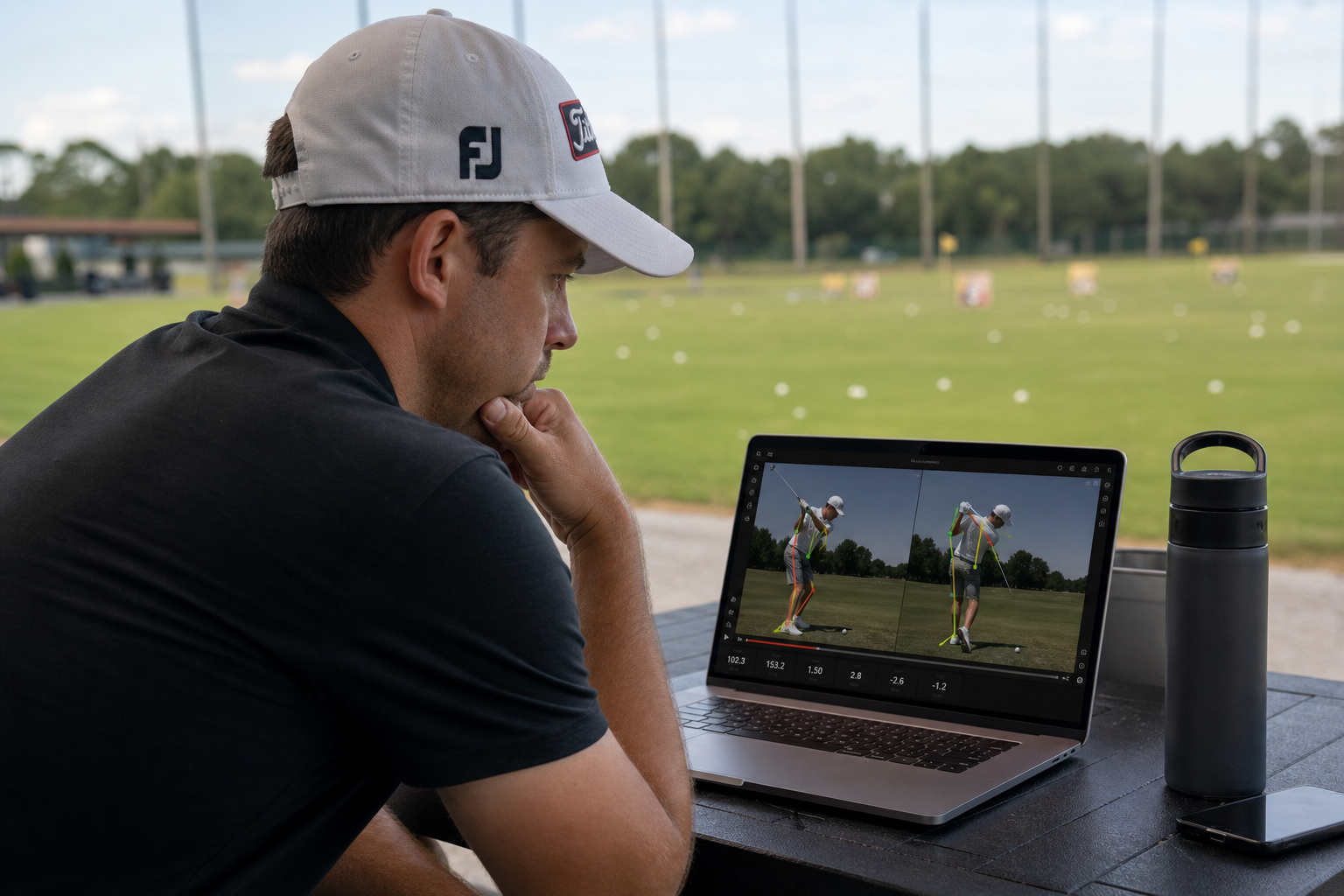Serious amateur golfer reviewing best online golf coaching session with swing analysis on laptop