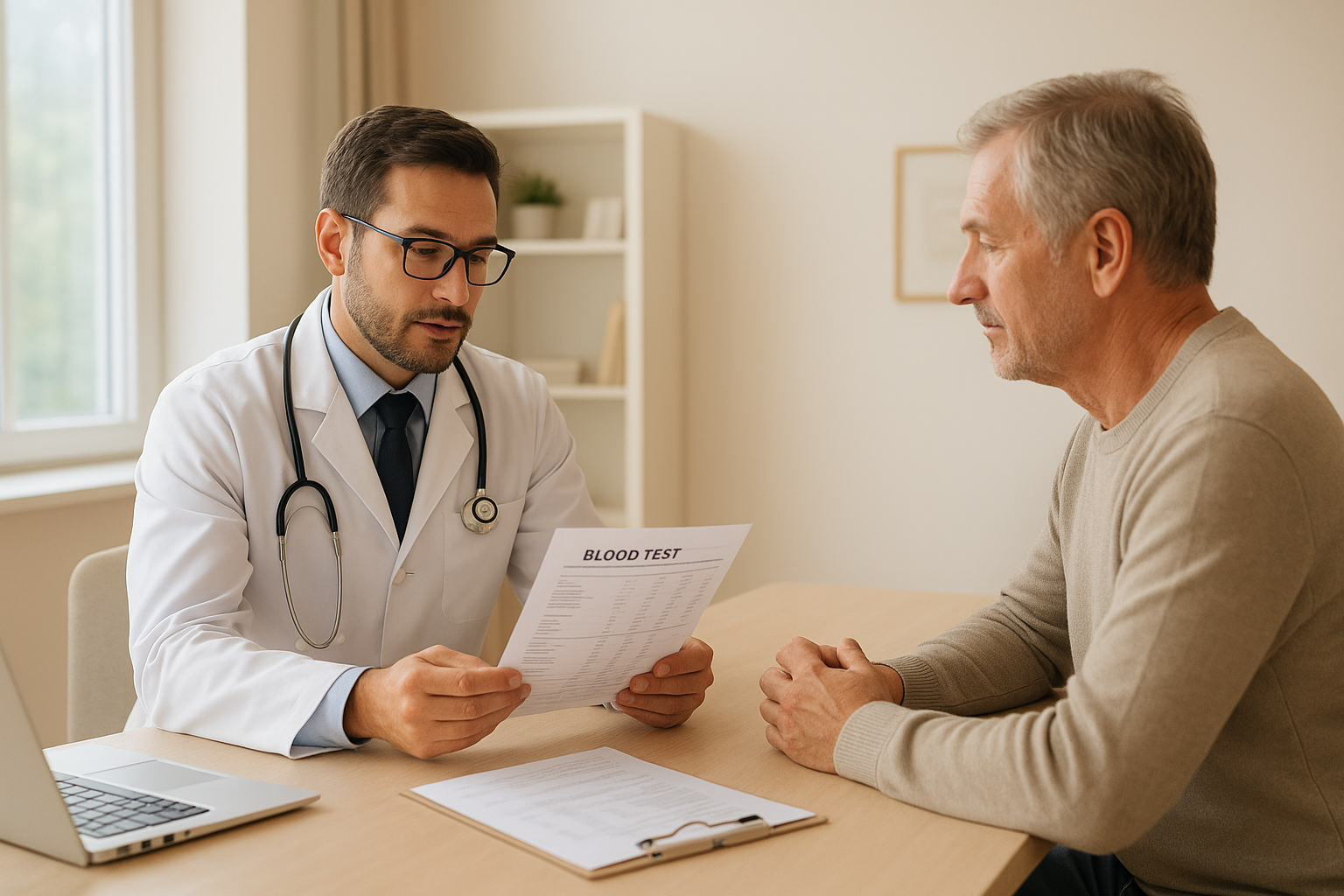 Ontario physician reviewing testosterone replacement therapy blood test results with a male patient