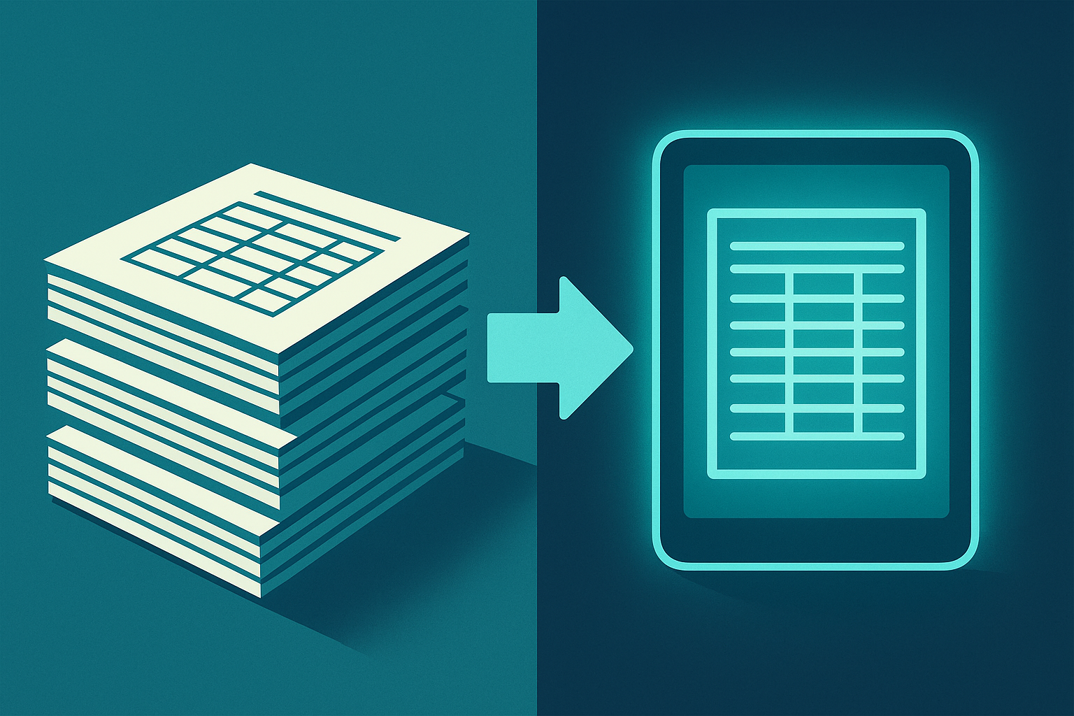Visual showing paper bookkeeping records migrating into a single digital accounting ledger