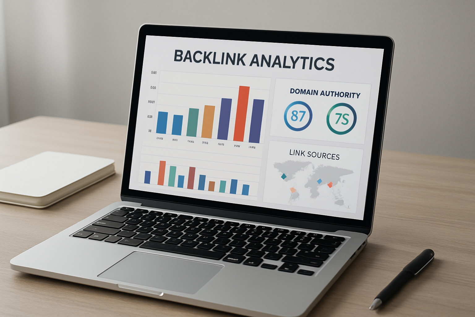 Laptop showing a search backlinks analytics dashboard with domain authority charts