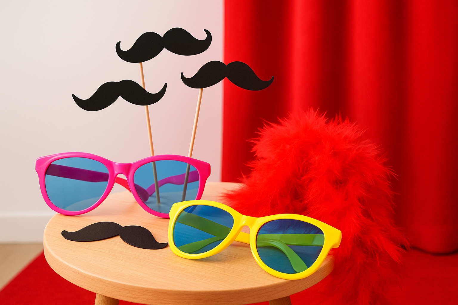 Photo booth props and red carpet backdrop add-ons for event rentals