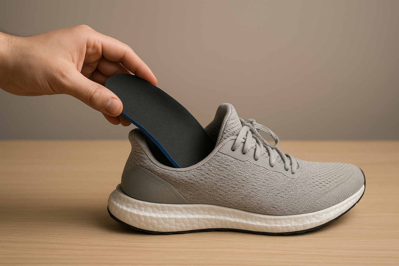 Close-up of a custom orthotic insole being fitted into a shoe