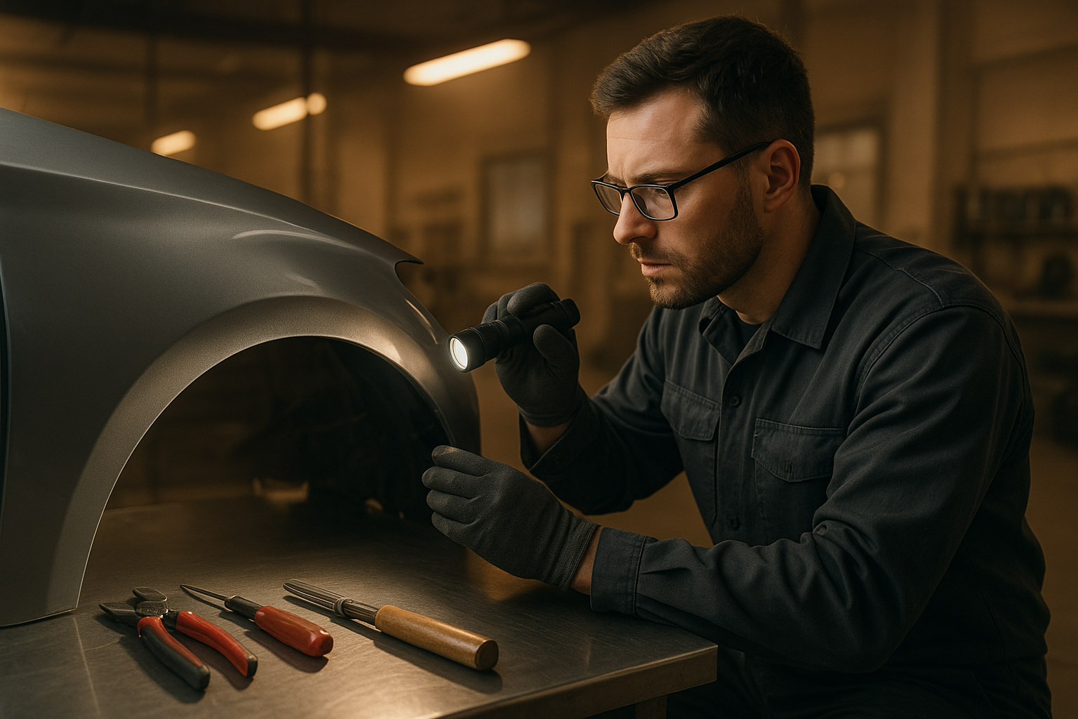 Auto body technician inspecting a car panel to provide an affordable auto body repair estimate
