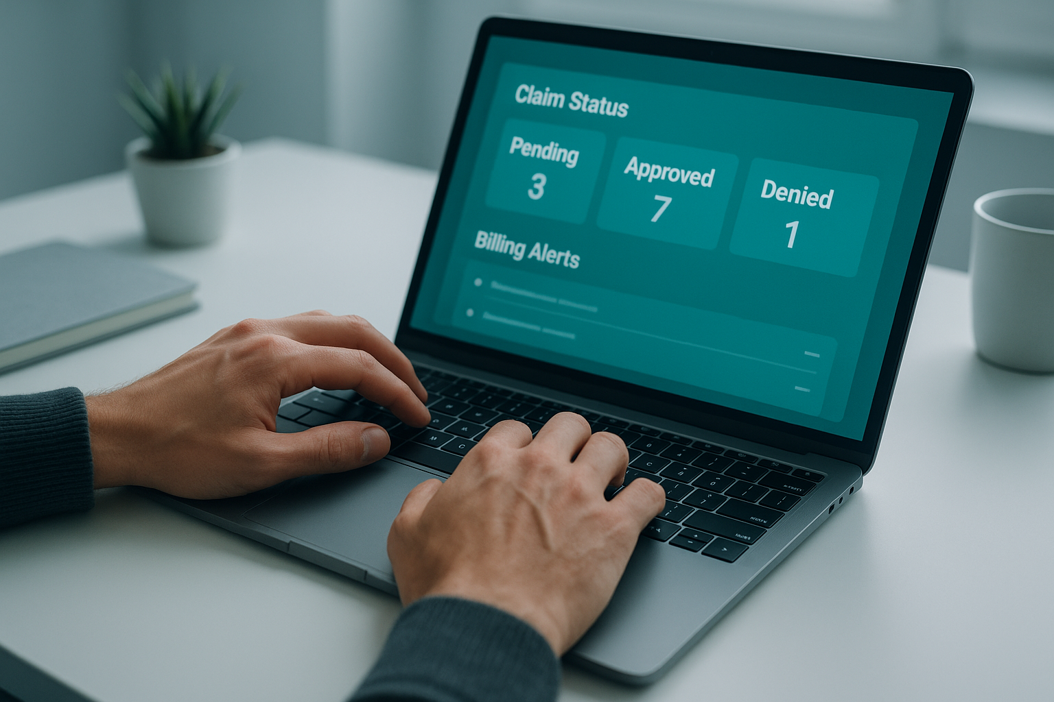 Hands typing on a laptop showing a billing and claims dashboard for a behavioral health practice