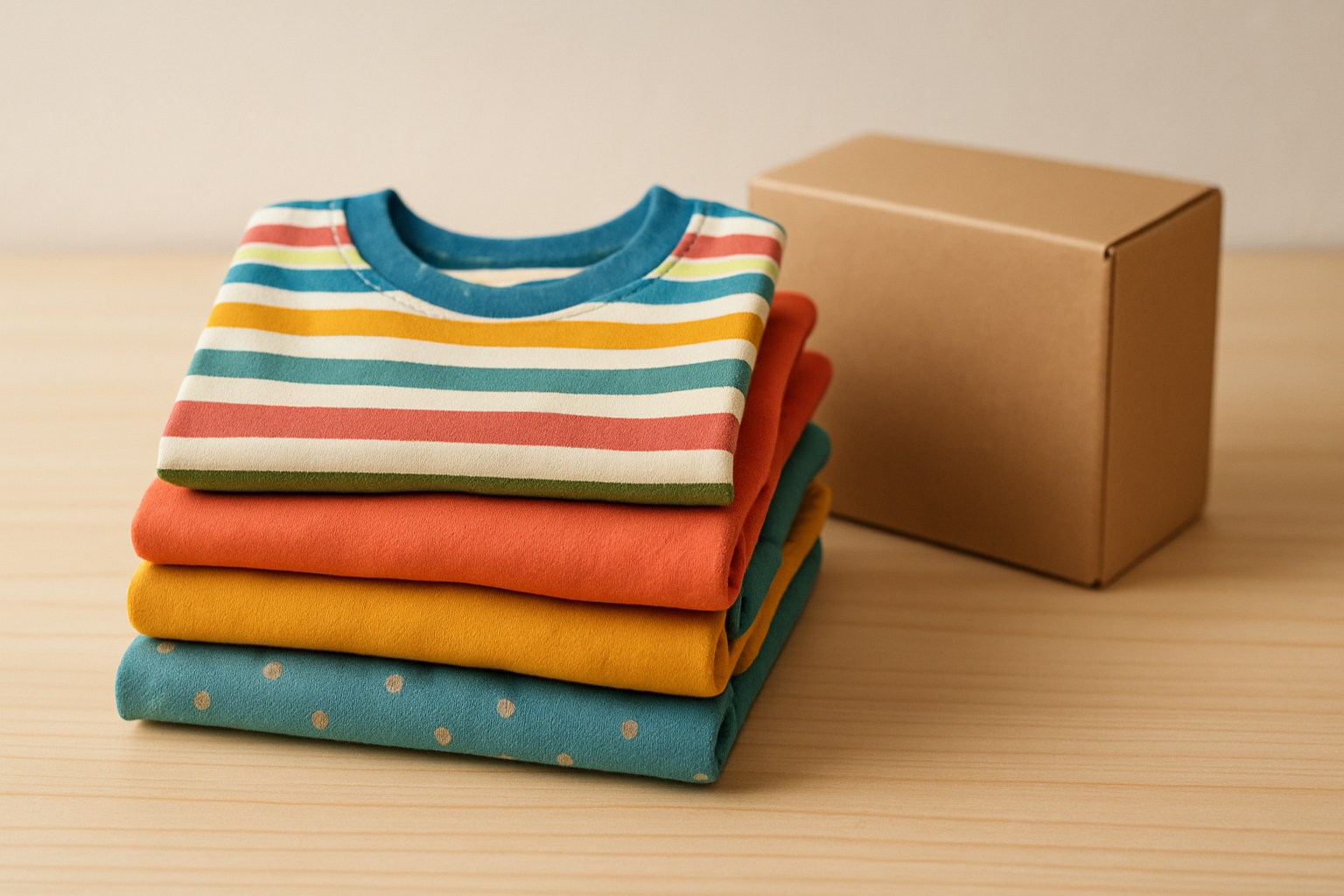 Curated stack of premium children's clothing ready for shipping as part of a kids clothing rental subscription