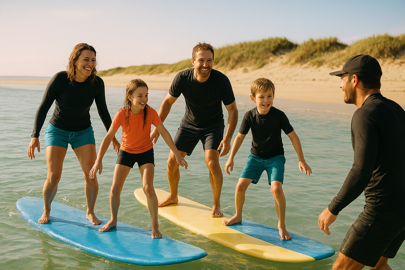 Family surf coaching sessions Waikiki instructor guiding child on surfboard in shallow water