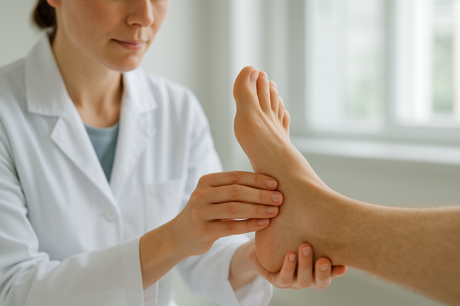Podiatrist foot care advice session showing a doctor examining a patient's arch