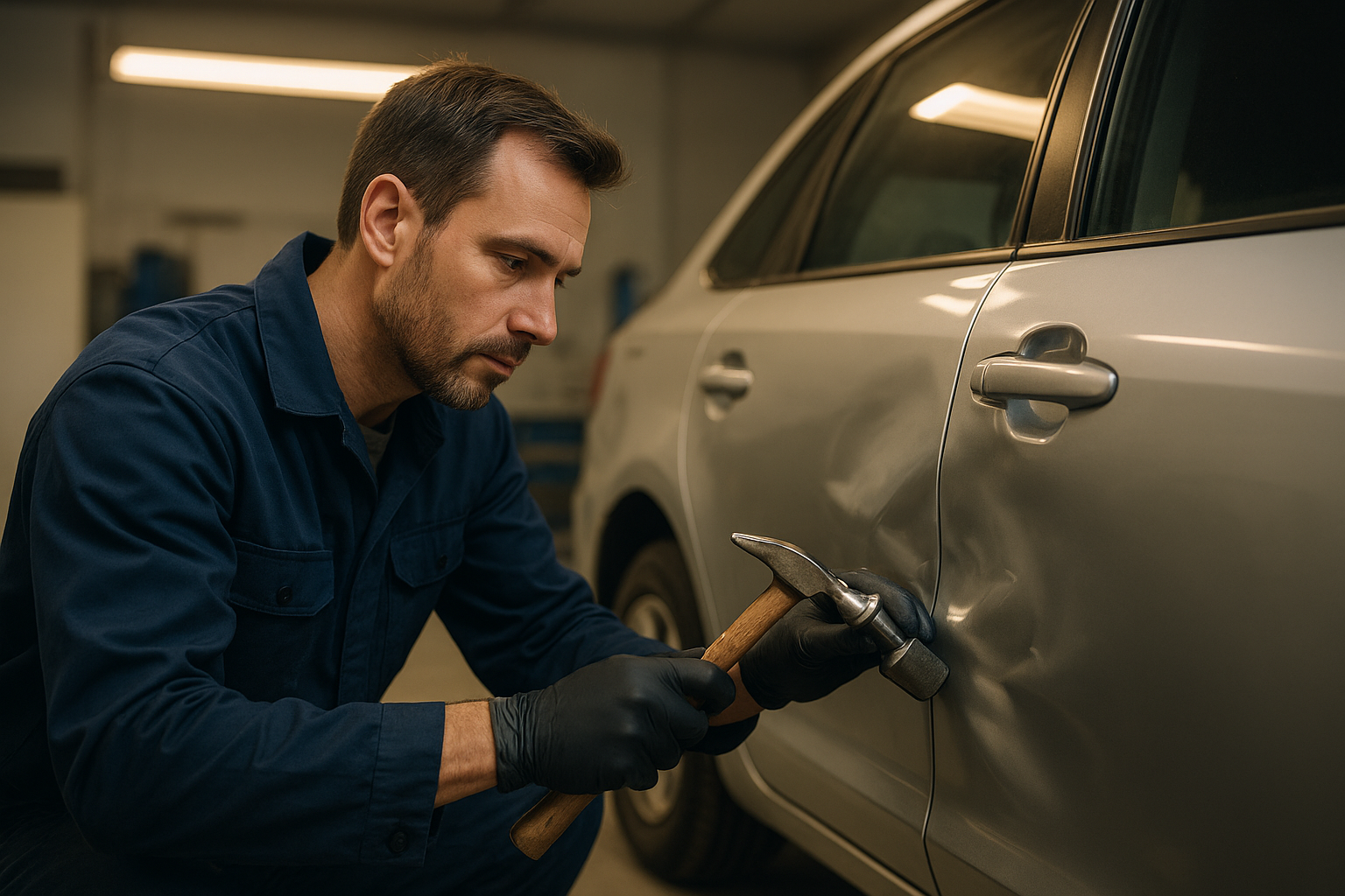 Auto body mechanic reshaping a dented car door panel using hand tools in a professional repair shop