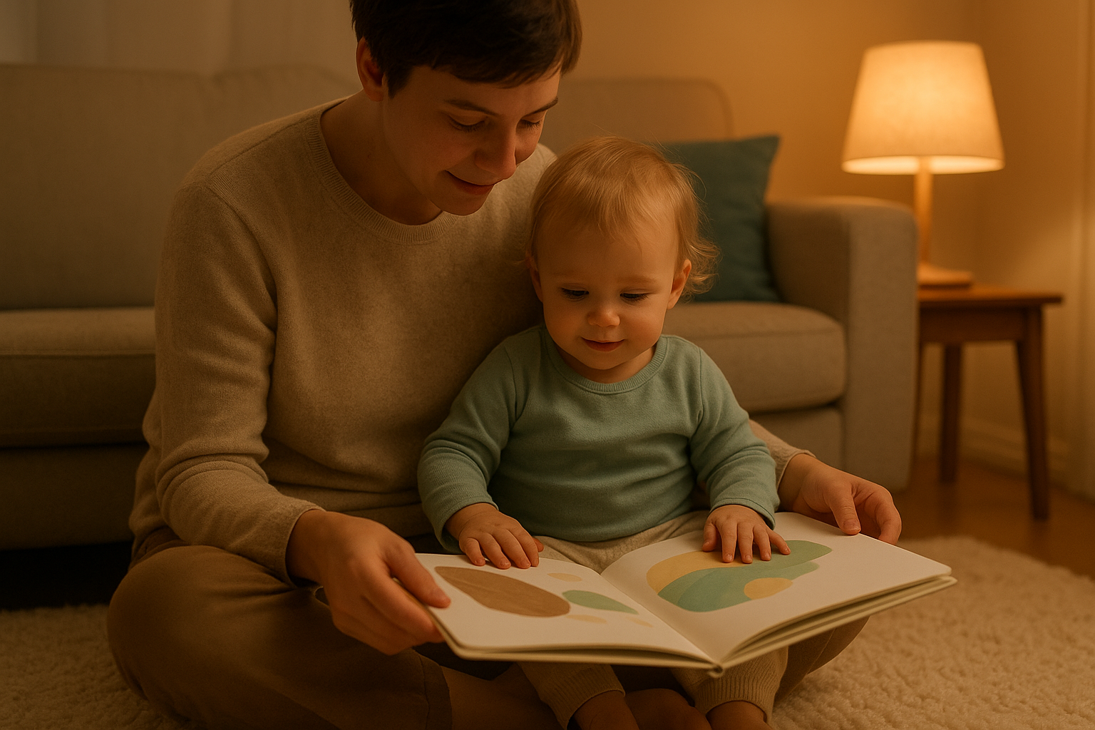 Parent and toddler reading together at home to reinforce a weekly core vocabulary word