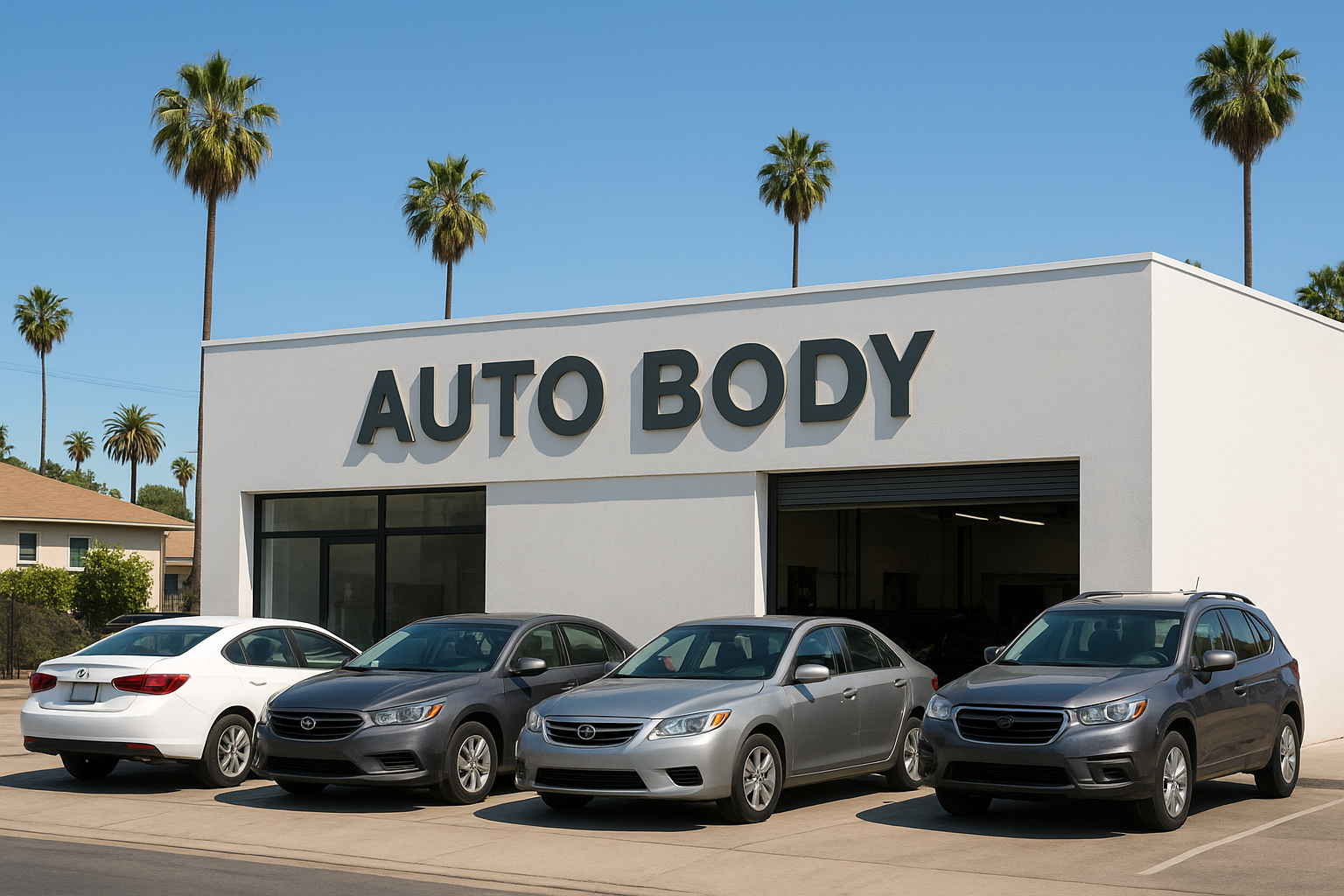 Exterior view of a modern auto body repair shop in the La Brea Los Angeles area on a sunny day