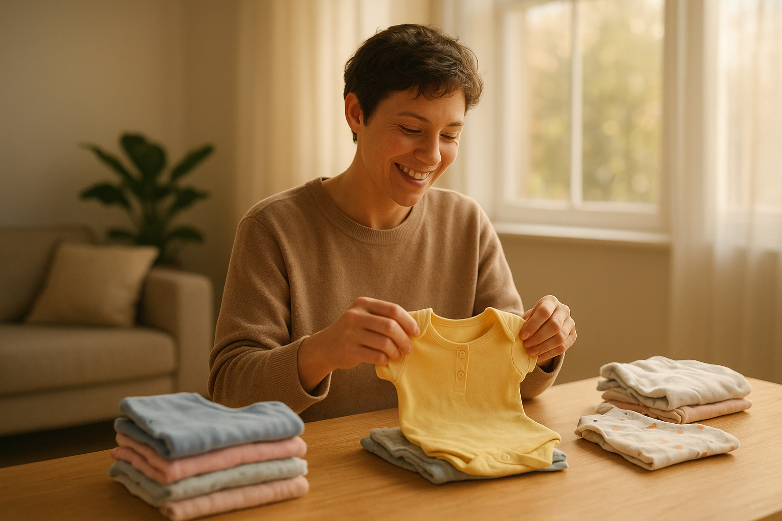 Parent organizing baby clothing items received from a children's clothing rental subscription