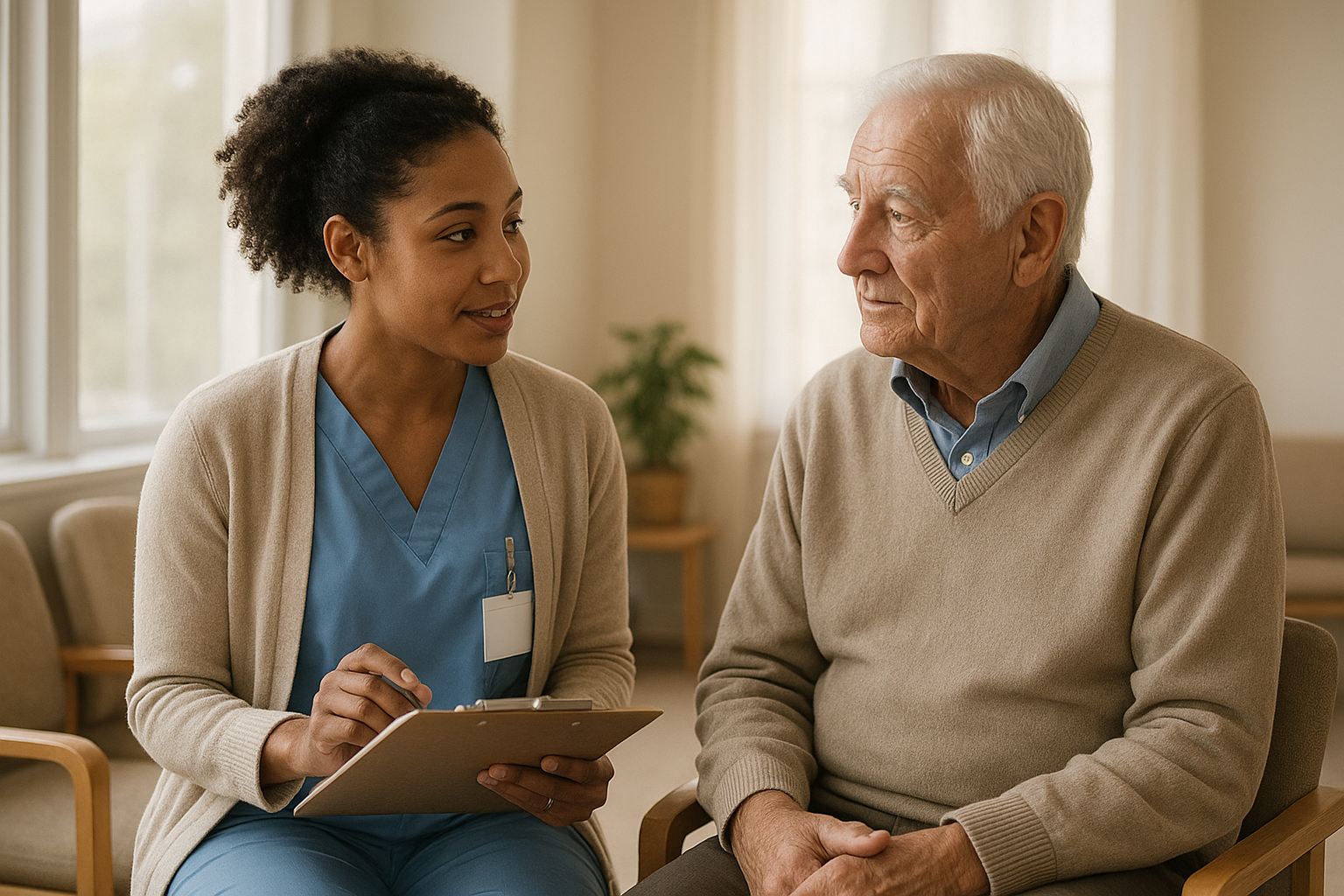 Community health worker listening to a patient in a clinic waiting room as part of a healthcare AI equity assessment
