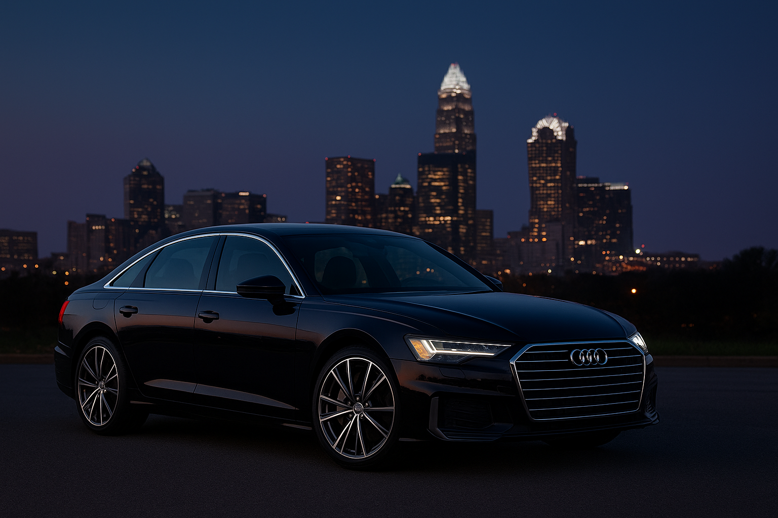 Black luxury sedan used for chauffeured car service Charlotte clients book for travel