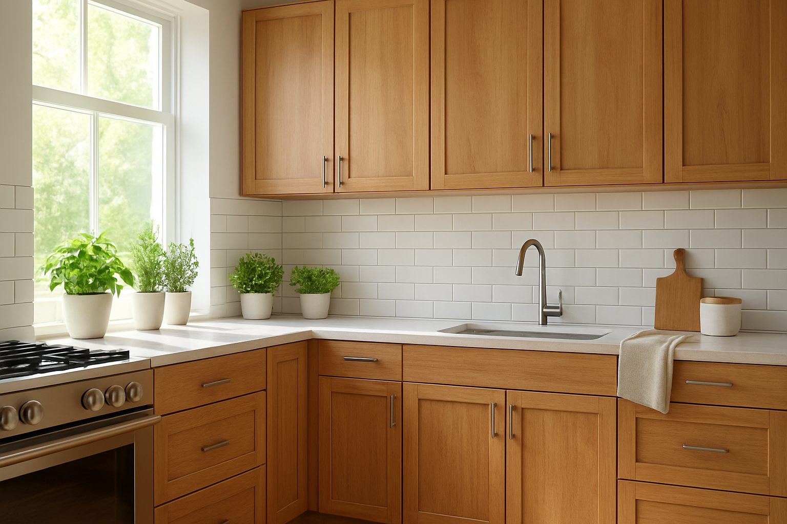 Bright kitchen featuring eco-conscious cabinet solutions with warm wood-toned refaced cabinetry